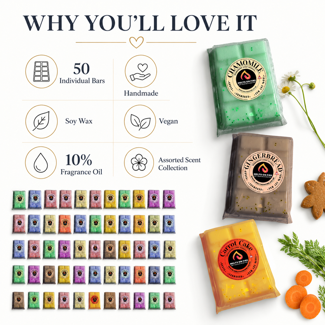50 Scent Wax Melt Snap Bars Collection – 28g Handmade Soy Wax Bars – Perfume, Fruity, Fresh & Sweet Fragrances