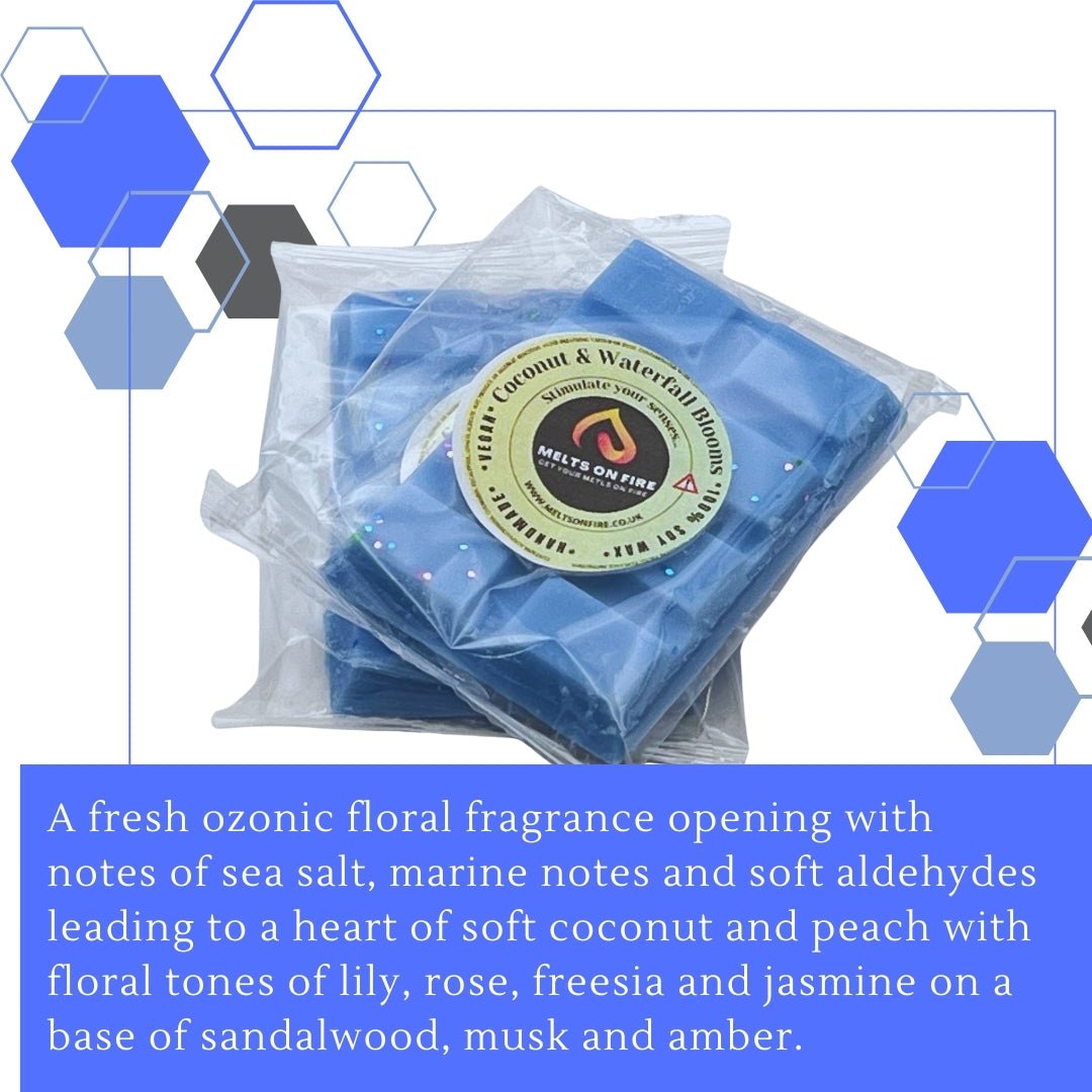 Coconut & Waterfall Blooms Wax Melts - Soy Wax Melts - 25g - Highly Scented for Oil Burner - Vegan & Cruelty Free - Soy Wax - Home Fragrance - Meltsonfire