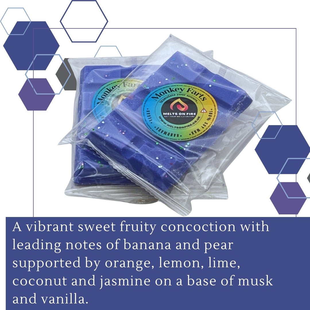 Monkey Farts A vibrant sweet fruity concoction with leading notes of banana and pear supported by orange, lemon, lime, coconut and jasmine on a base of musk and vanilla. - Meltsonfire