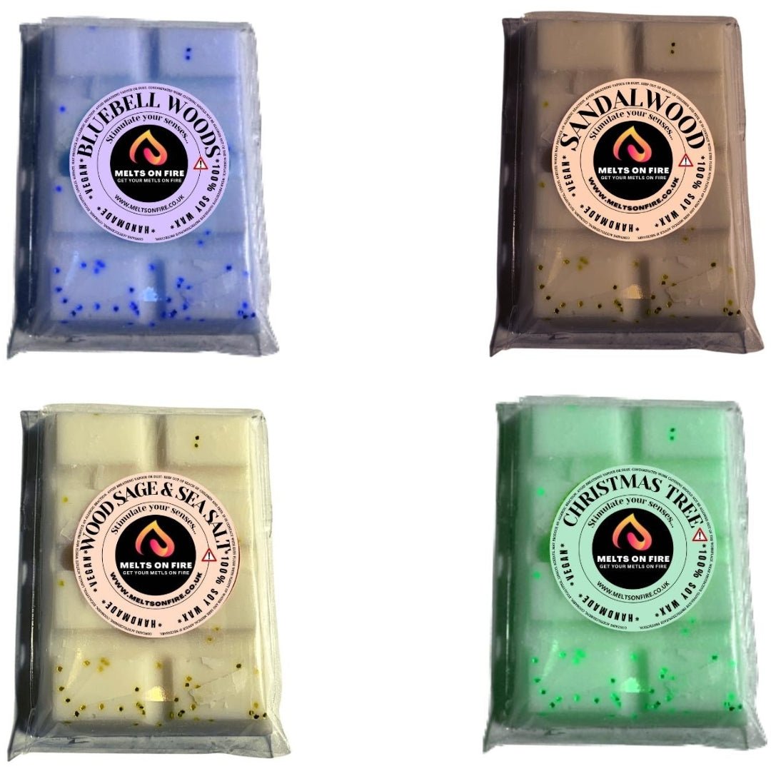 Wax Melts – 4 X Snap Bars - (Bluebell Woods,Sandal Wood,Woodsage & Seasage,christmas tree) – Scented Soy Wax Melts Vegan - Meltsonfire