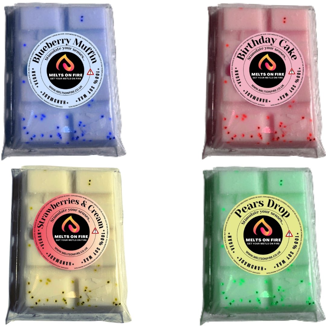 Wax Melts – 4 X Snap Bars - (Blueberry Muffin,birthday cake,Strawberries & Cream,pears drop) – Scented Soy Wax Melts Vegan - Meltsonfire