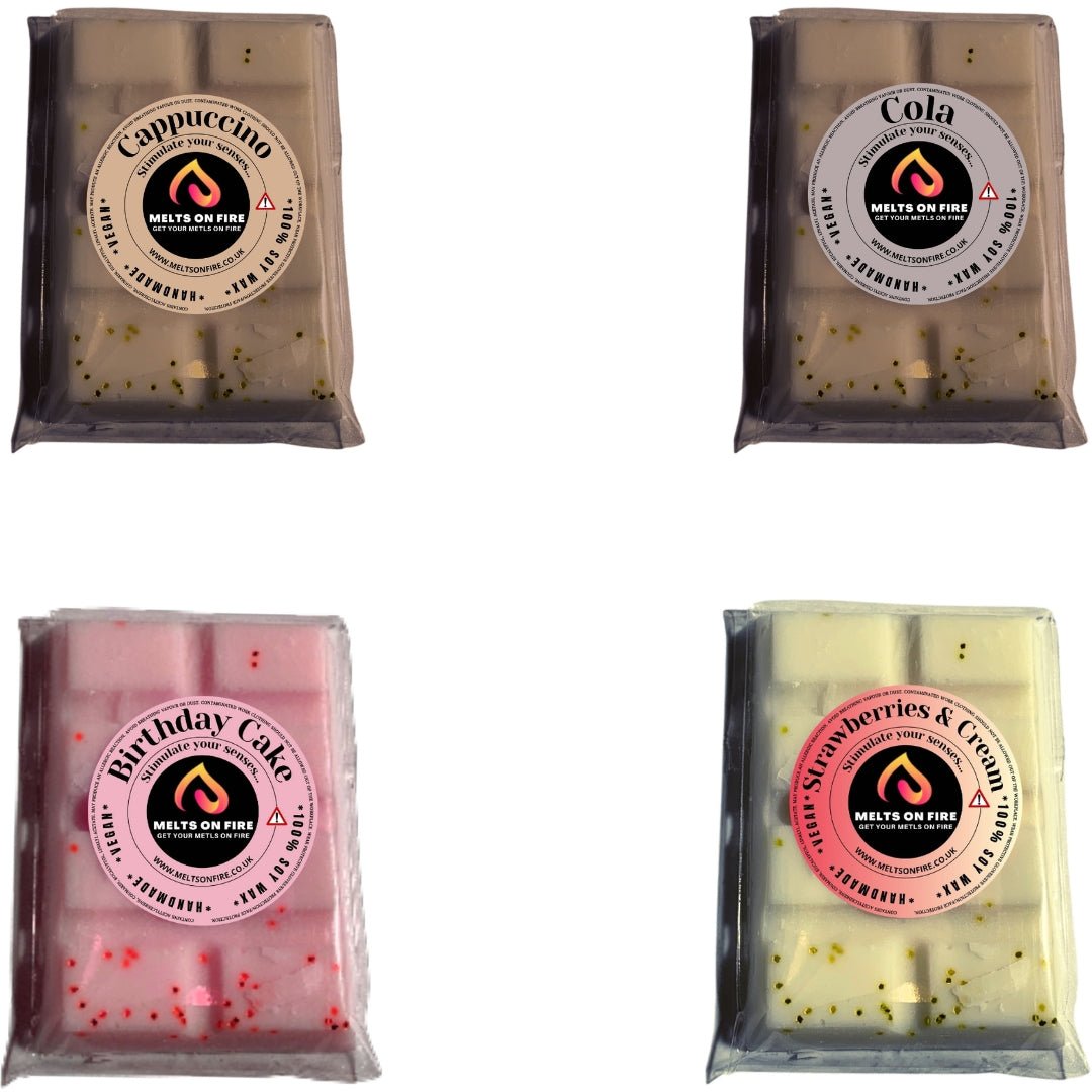 Wax Melts – 4 X Snap Bars - (Cappuccino,Cola,birthday cake,Strawberries & Cream) – Scented Soy Wax Melts Vegan - Meltsonfire