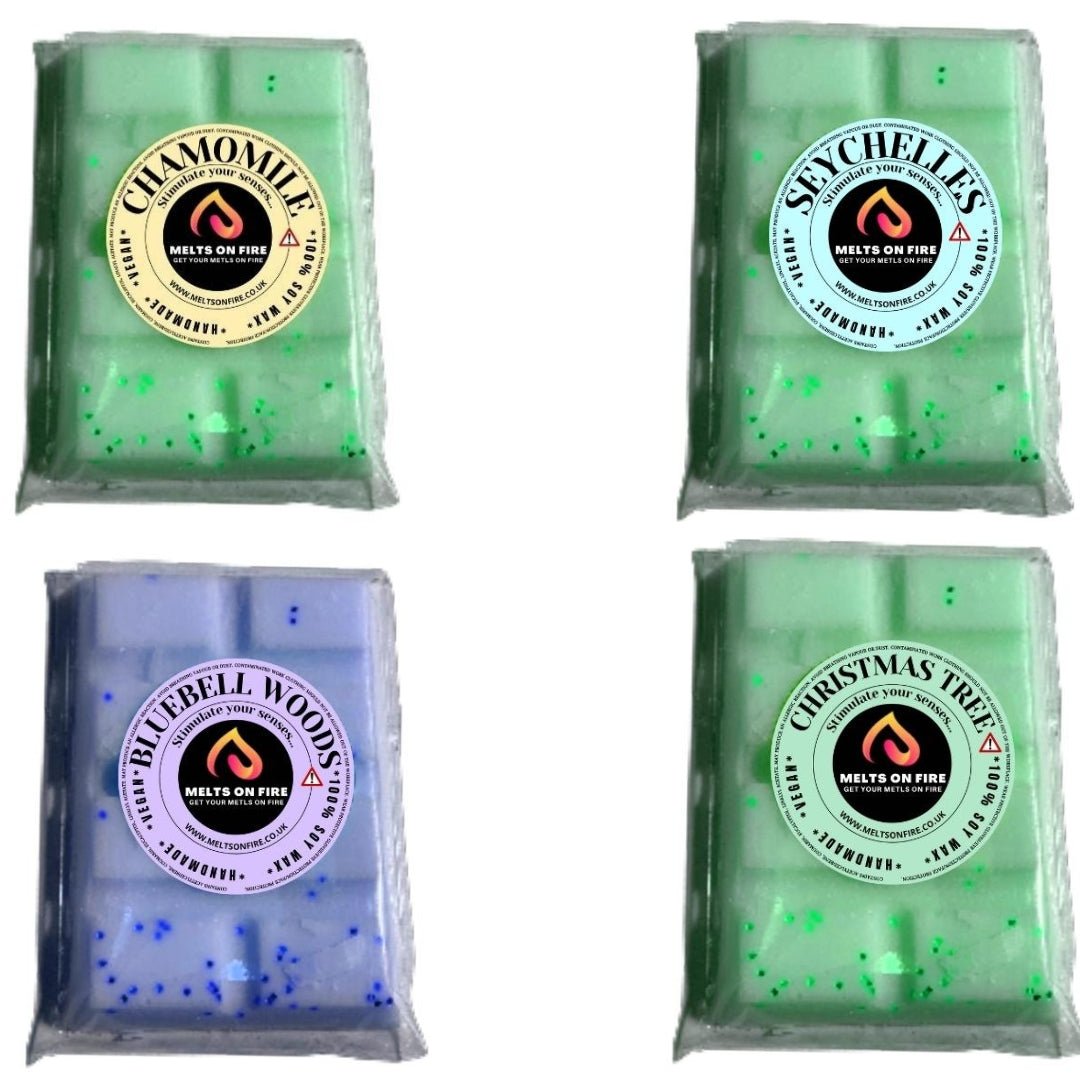 Wax Melts – 4 X Snap Bars - (Chamomile,Seychelles,Bluebell Woods,Christmas Tree) – Scented Soy Wax Melts Vegan - Meltsonfire