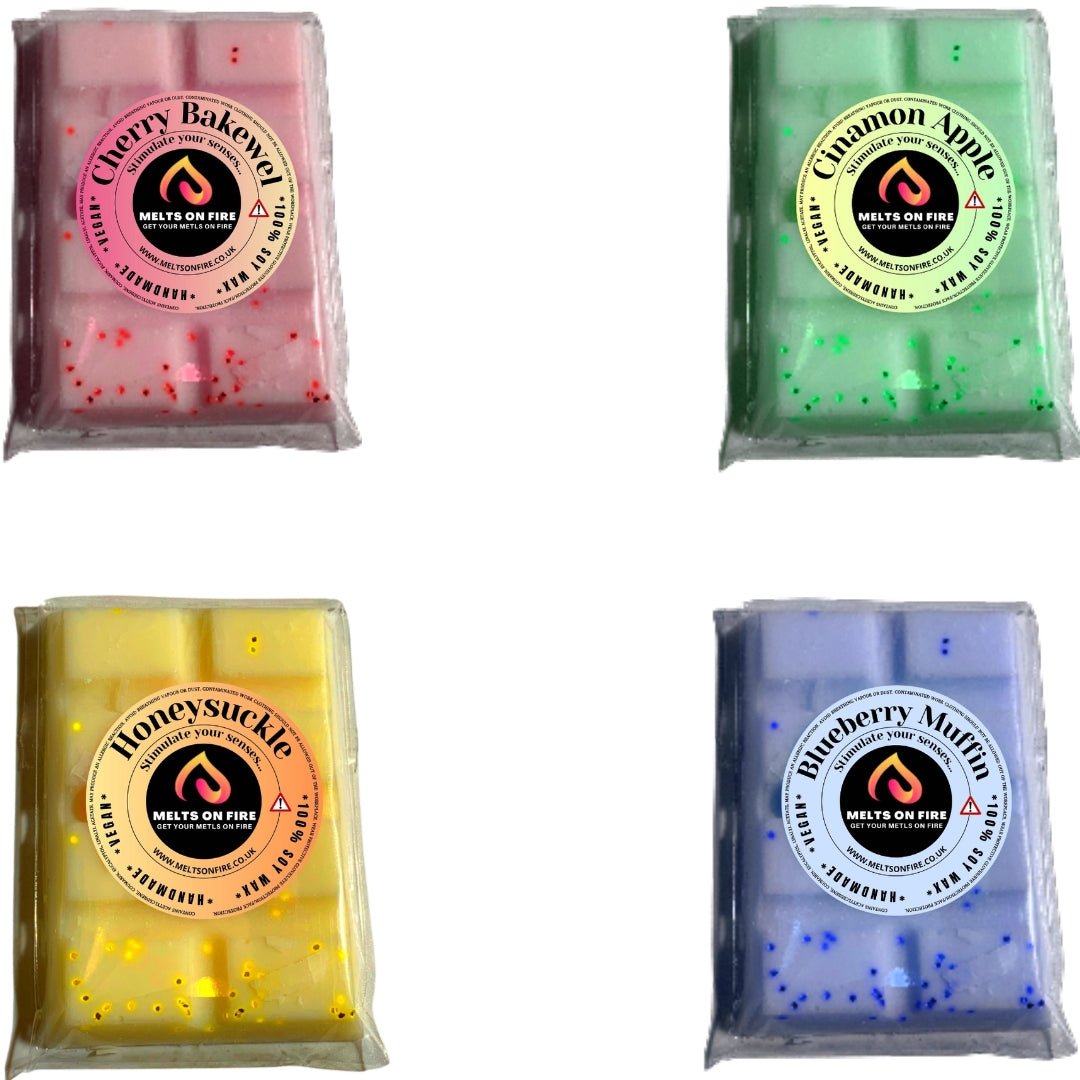 Wax Melts – 4 X Snap Bars - (cherry bakewel,cinamon apple,Honeysuckle,Blueberry Muffin) – Scented Soy Wax Melts Vegan - Meltsonfire