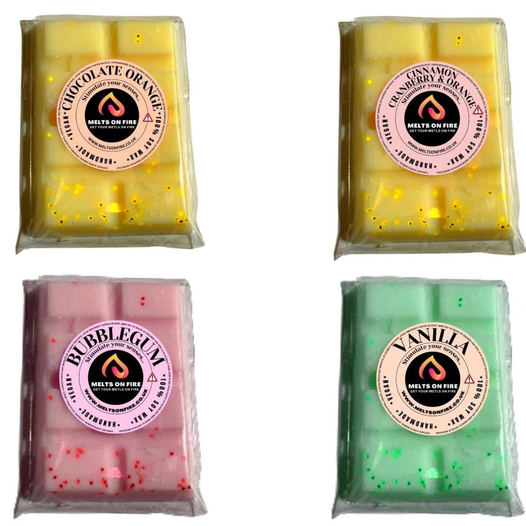 Wax Melts – 4 X Snap Bars - (Chocolate Orange,Cinnamon Cran & Orange,Vanilla,BubbleGum) – Scented Soy Wax Melts Vegan - Meltsonfire