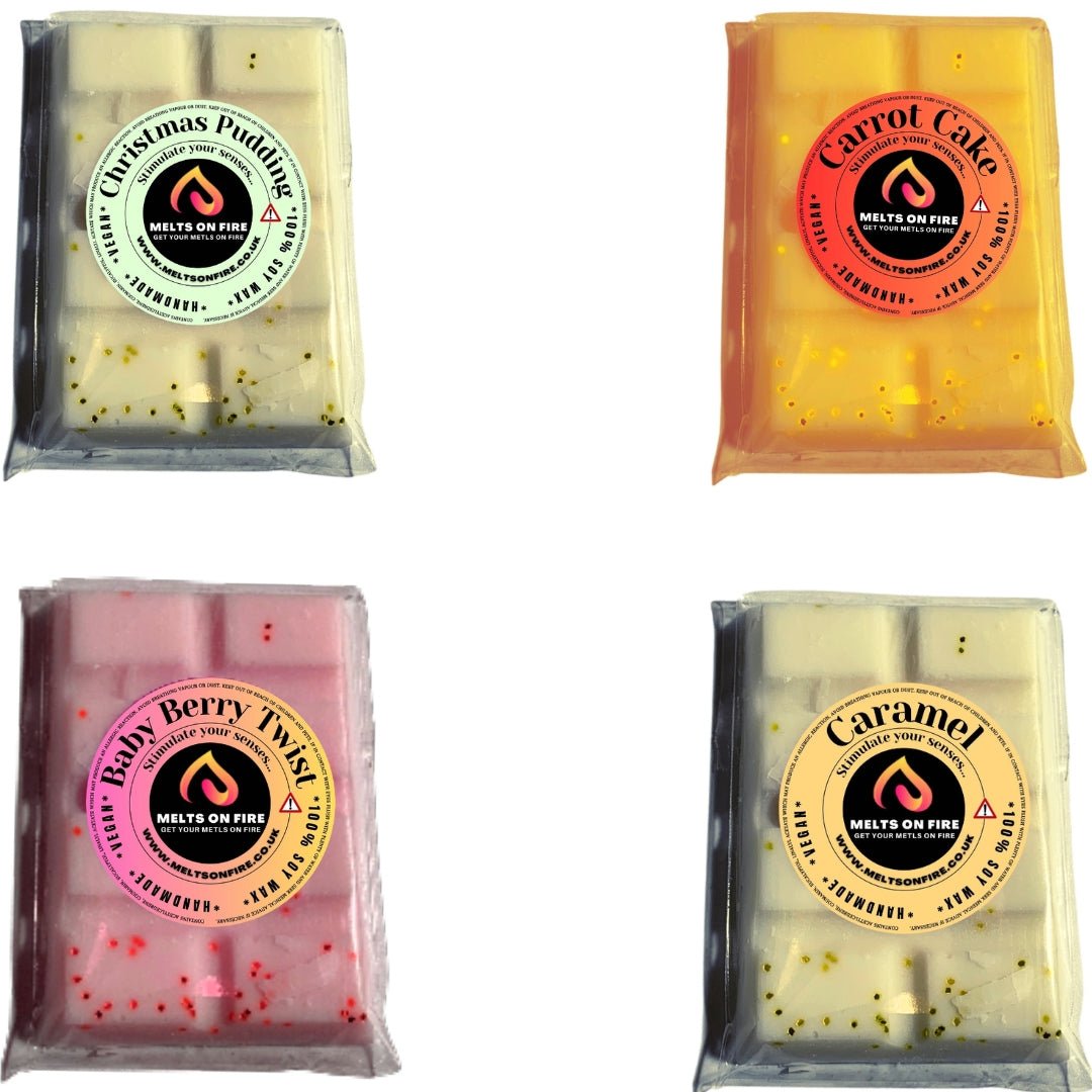 Wax Melts – 4 X Snap Bars - (christmas pudding,carrot cake,baby berry twist,caramel) – Scented Soy Wax Melts Vegan - Meltsonfire