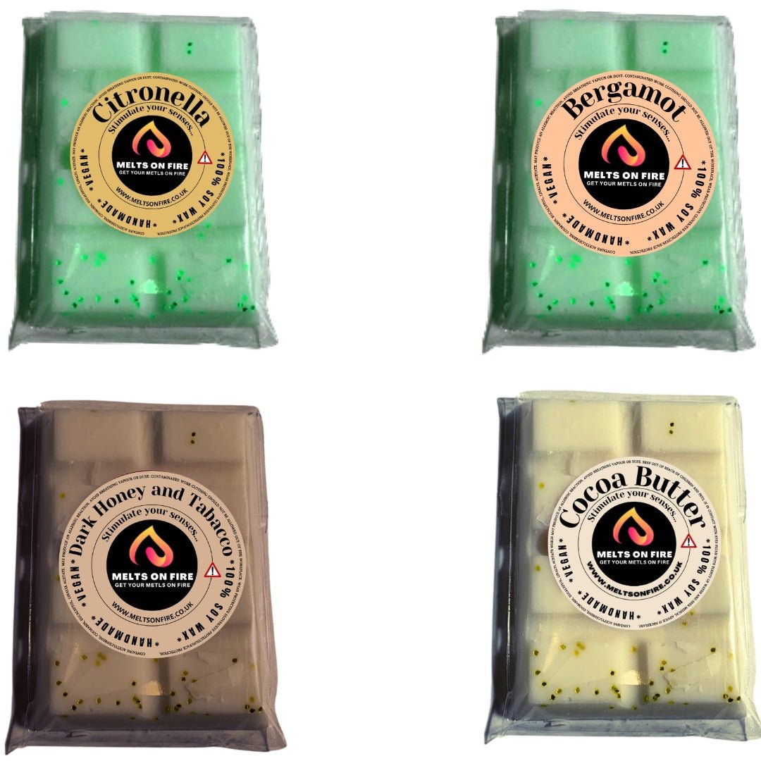 Wax Melts – 4 X Snap Bars - (Citronella,bergamot,dark honey and tabacco,Cocoa Butter) – Scented Soy Wax Melts Vegan - Meltsonfire