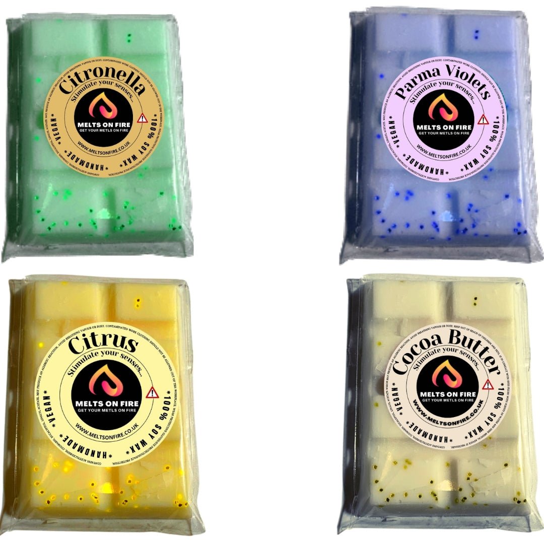 Wax Melts – 4 X Snap Bars - (Citronella,Parma Violets,citrus ,Cocoa Butter) – Scented Soy Wax Melts Vegan - Meltsonfire