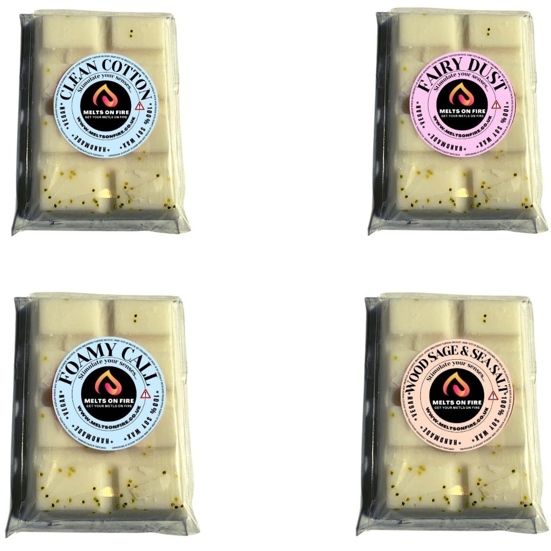 Wax Melts – 4 X Snap Bars - (Clean Cotton,Fairy dust,Foamy Call,Woodsage & Seasage) – Scented Soy Wax Melts Vegan - Meltsonfire