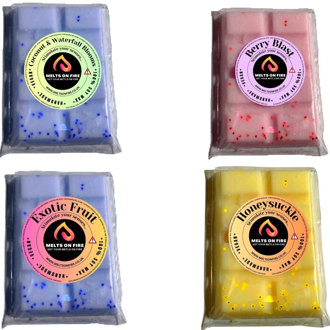 Wax Melts – 4 X Snap Bars - (Coconut & Waterfall Blooms,berry blast,exotic fruit,Honeysuckle) – Scented Soy Wax Melts Vegan - Meltsonfire