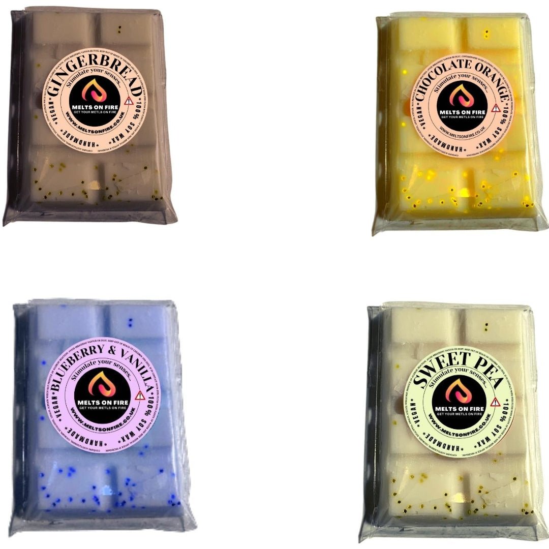 Wax Melts – 4 X Snap Bars - (Ginger Bread,Chocolate orange,Blueberry & Vanilla,Sweet Pea) – Scented Soy Wax Melts Vegan - Meltsonfire