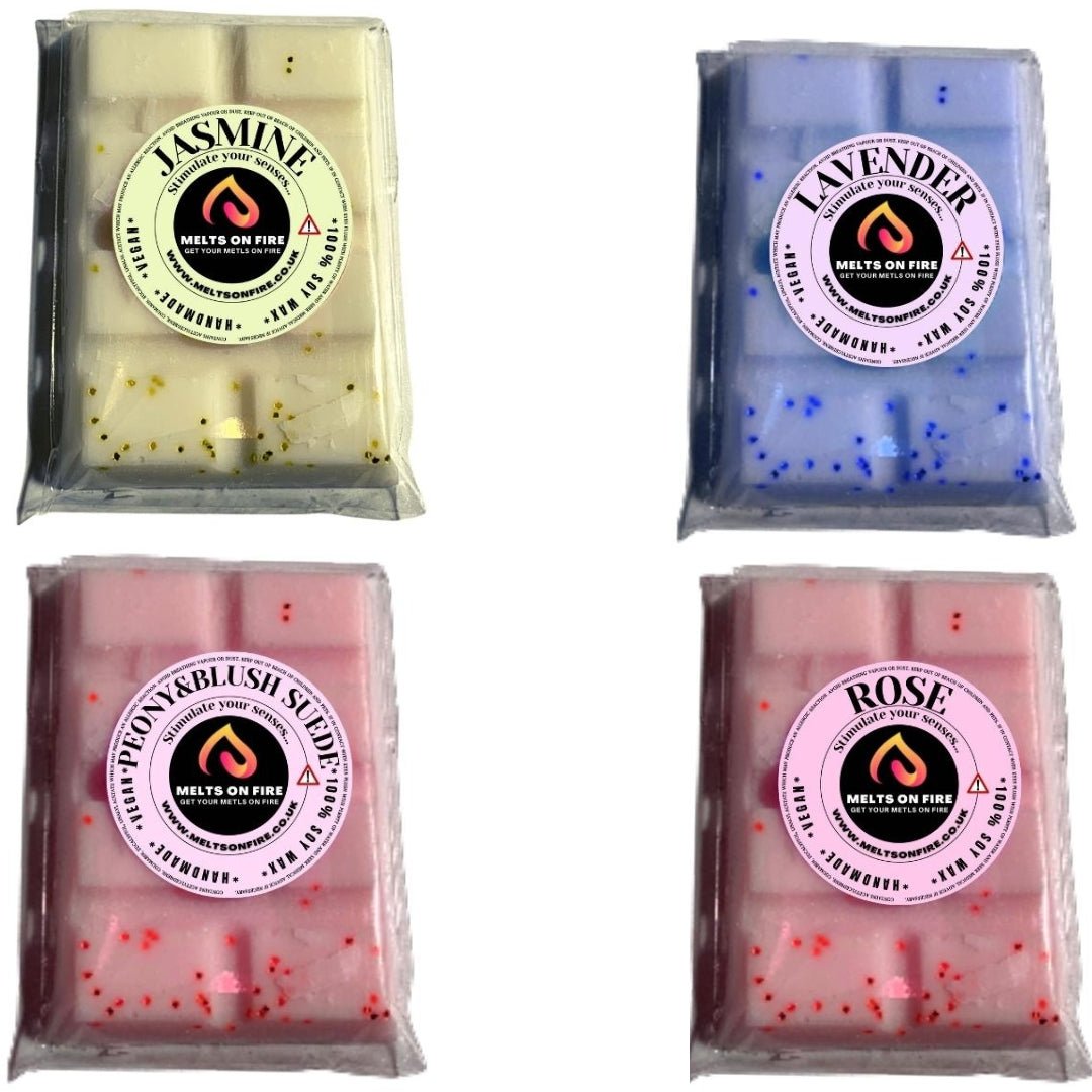Wax Melts – 4 X Snap Bars - (Jasmine,Lavender,Peony & Blush,Rose) – Scented Soy Wax Melts Vegan - Meltsonfire