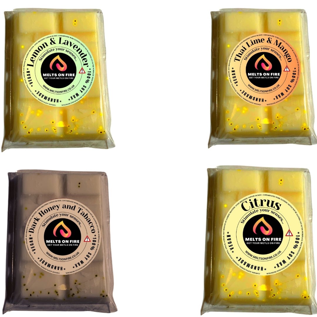 Wax Melts – 4 X Snap Bars - (Lemon & Lavender,Thai lime and mango,dark honey and tabacco,citrus) – Scented Soy Wax Melts Vegan - Meltsonfire