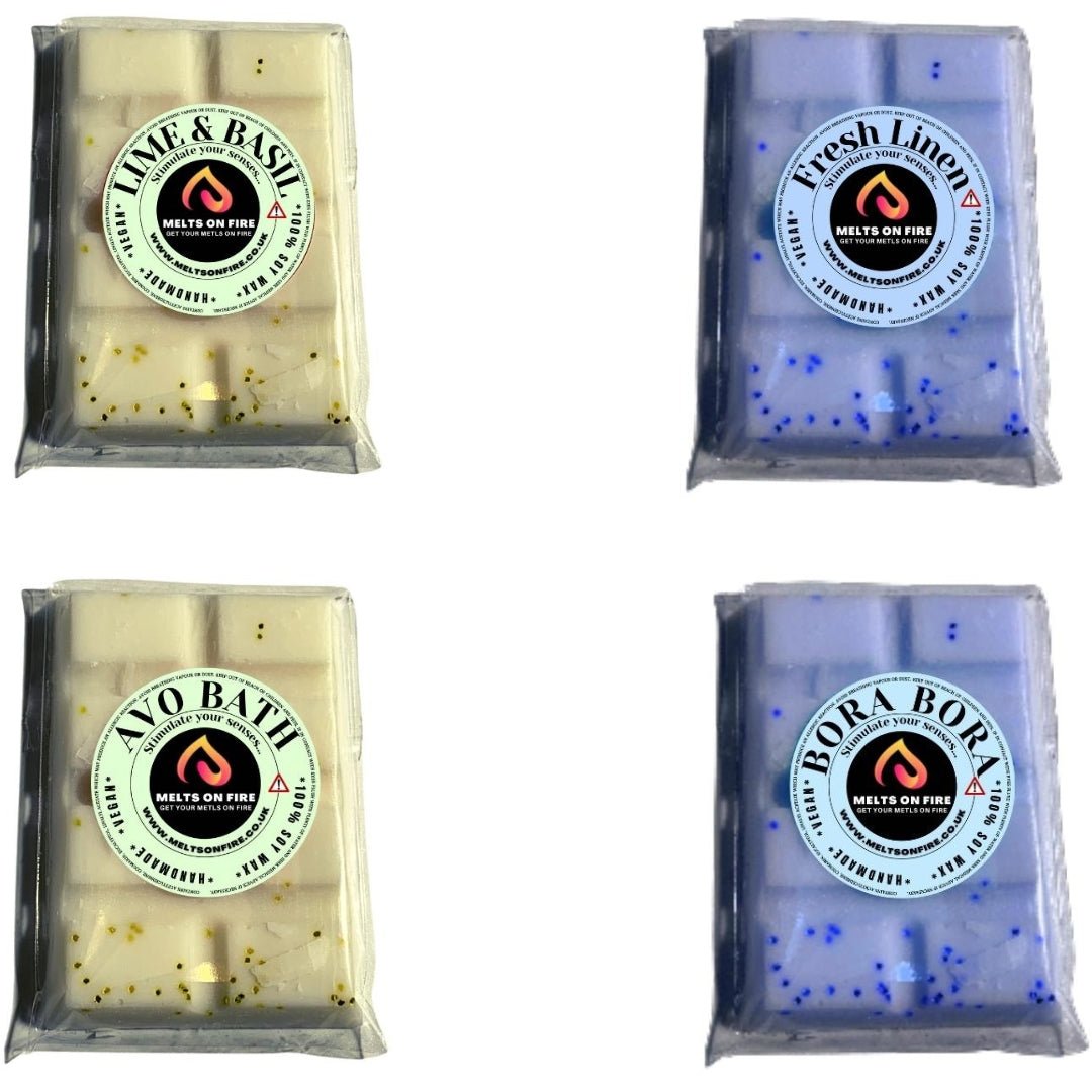 Wax Melts – 4 X Snap Bars - (Lime & Basil Inspired,Linen Fresh,Avo Bath,Bora Bora) – Scented Soy Wax Melts Vegan - Meltsonfire