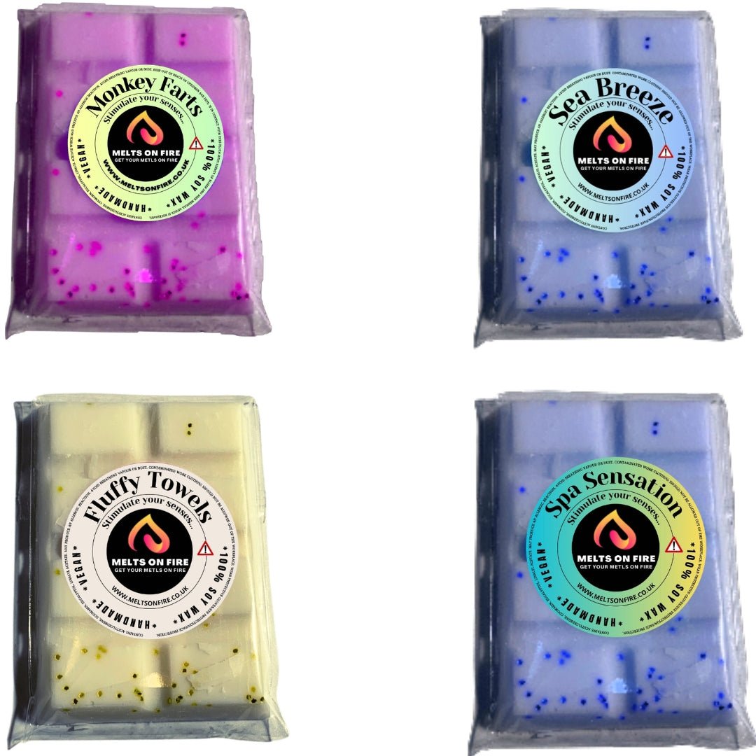 Wax Melts – 4 X Snap Bars - (monkey farts,Sea Breeze,Fluffy Towels,spa sensation) – Scented Soy Wax Melts Vegan - Meltsonfire