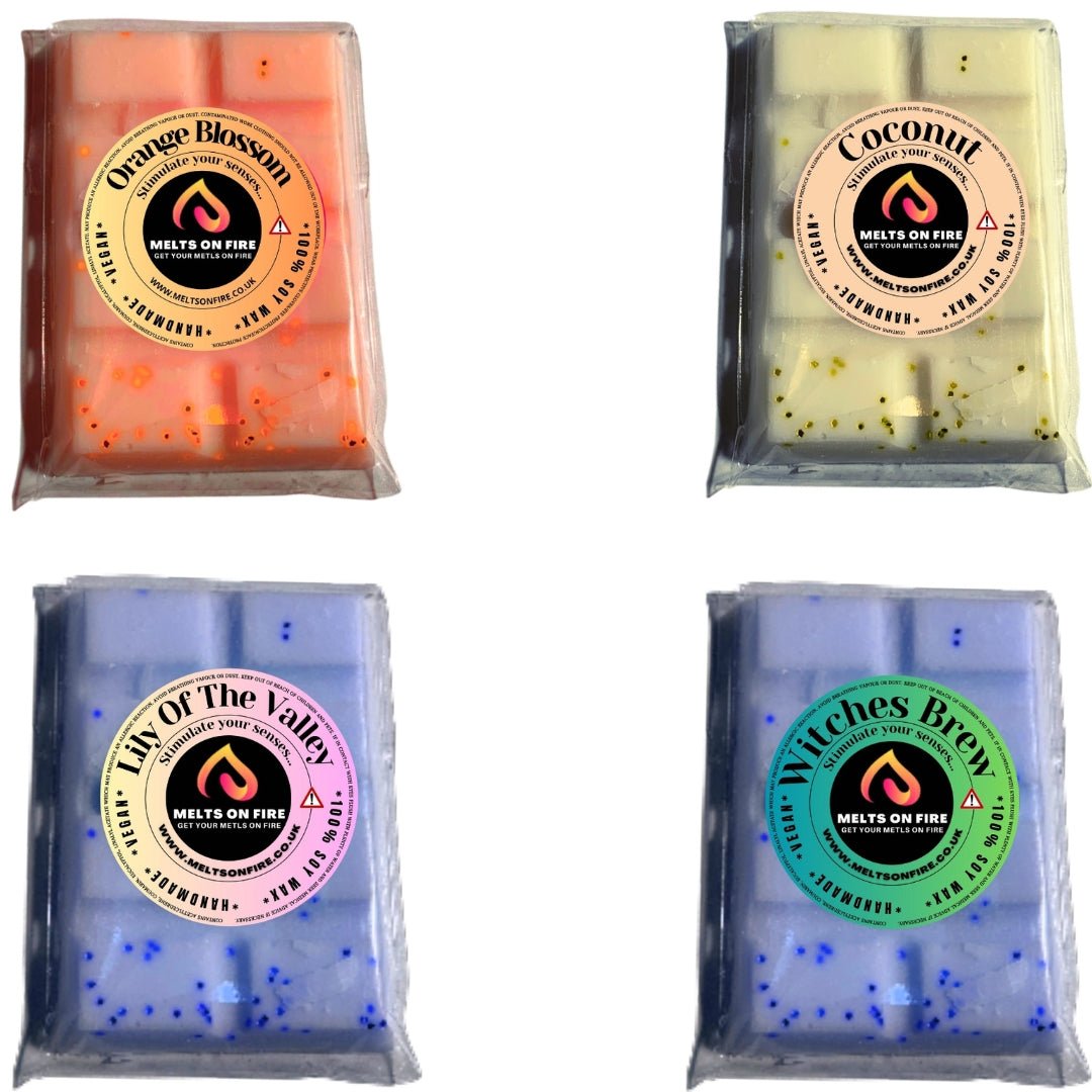 Wax Melts – 4 X Snap Bars - (Orange Blossom ,coconut,Lily of the Valley ,Witches Brew) – Scented Soy Wax Melts Vegan - Meltsonfire