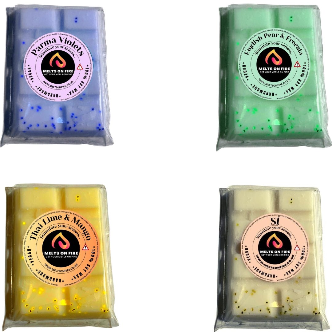 Wax Melts – 4 X Snap Bars - (Parma Violets,English Pear & Freesia,Thai lime and mango,SI Armani) – Scented Soy Wax Melts Vegan - Meltsonfire