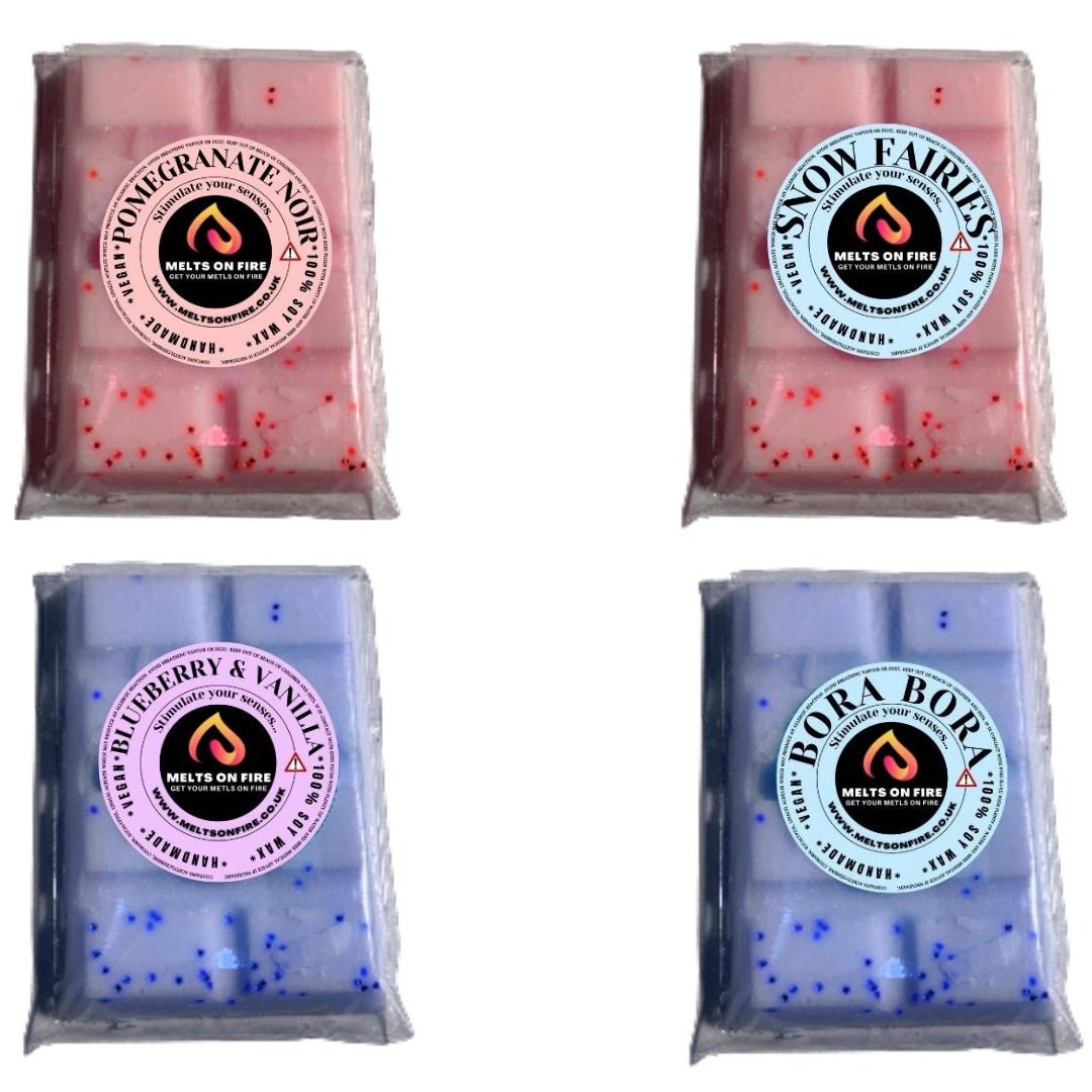 Wax Melts – 4 X Snap Bars - (Pomegra Noir,Snow Fairy,Blueberry & Vanilla,Bora Bora) – Scented Soy Wax Melts Vegan - Meltsonfire