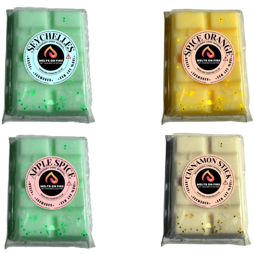 Wax Melts – 4 X Snap Bars - (Seychelles,Spice Orange,Apple Spice,cinnamon stick) – Scented Soy Wax Melts Vegan - Meltsonfire