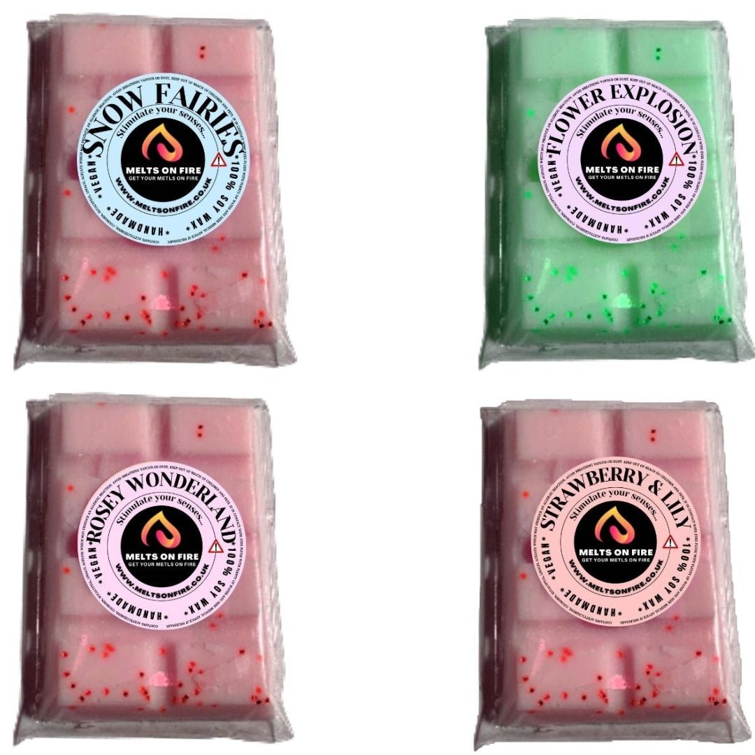 Wax Melts – 4 X Snap Bars - (Snow Fairy,Flower Explosion,Rosey Wonderland,straberries & lilly ) – Scented Soy Wax Melts Vegan - Meltsonfire