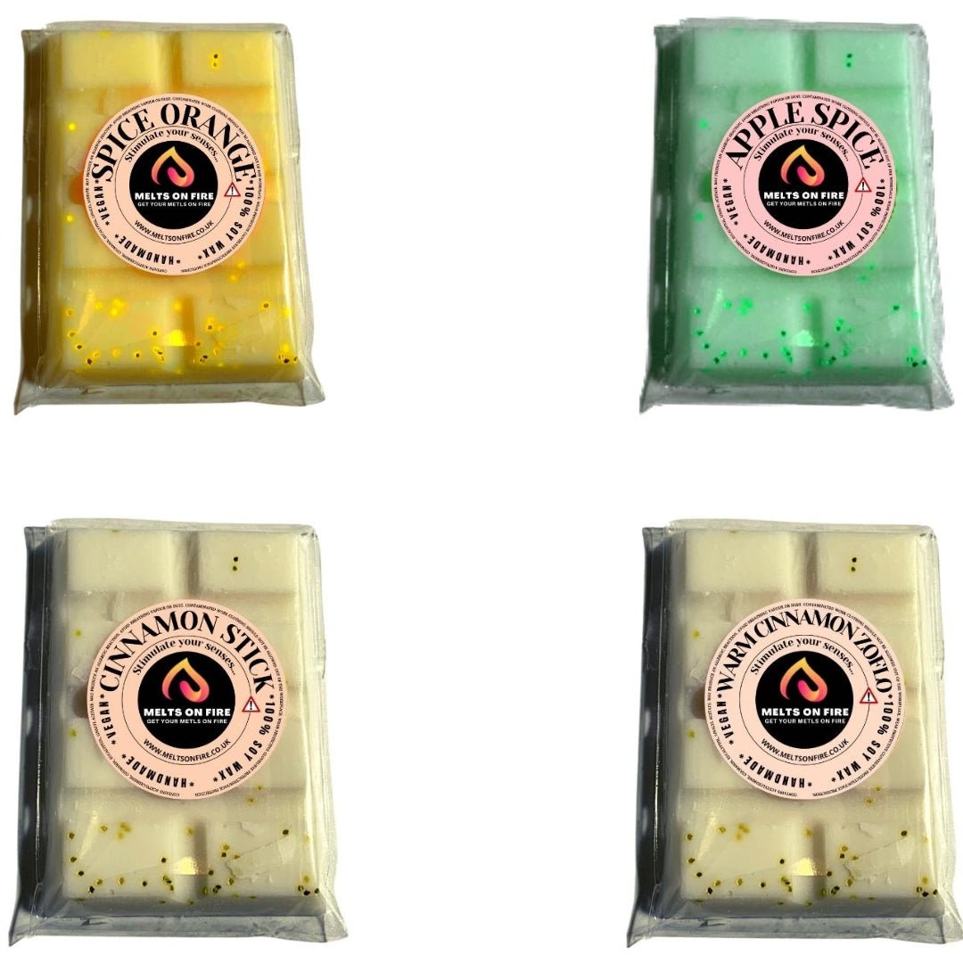 Wax Melts – 4 X Snap Bars - (Spice Orange,Apple Spice,Cinnamon Stick,Warm Cinnamon Zof) – Scented Soy Wax Melts Vegan - Meltsonfire