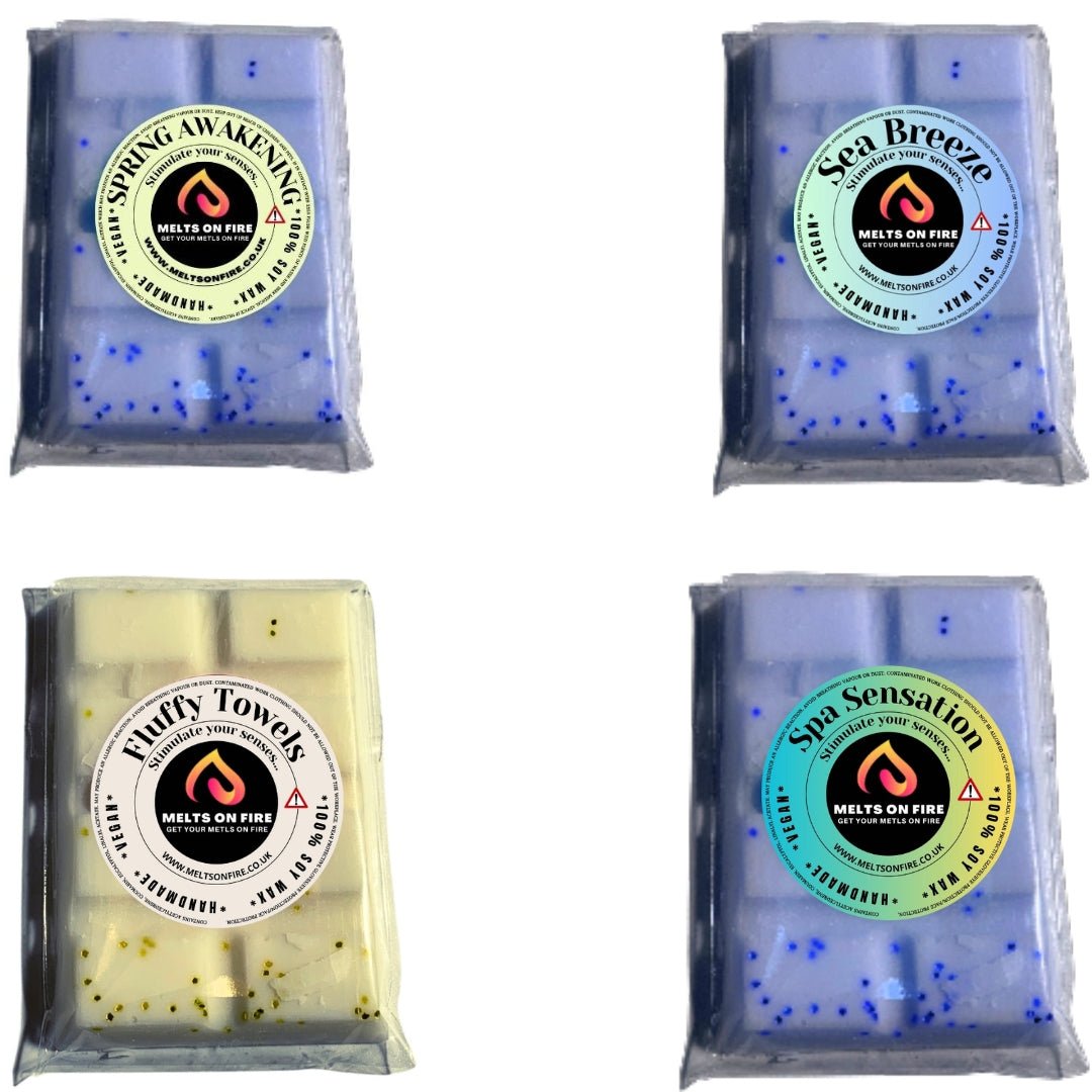 Wax Melts – 4 X Snap Bars - (Spring Awakening,Sea Breeze,Fluffy Towels,spa sensation) – Scented Soy Wax Melts Vegan - Meltsonfire