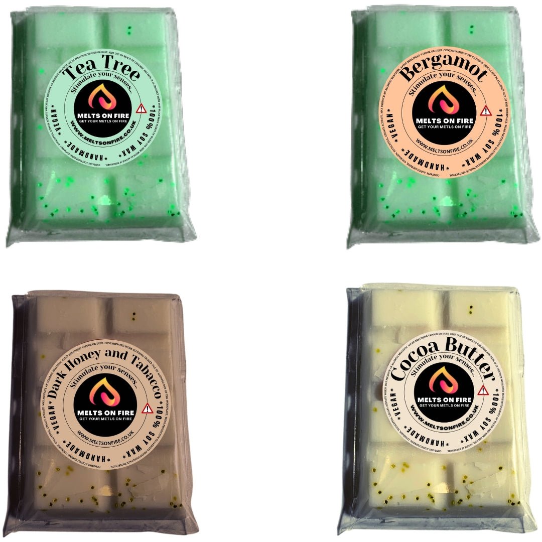 Wax Melts – 4 X Snap Bars - (Tea Tree,bergamot,dark honey and tabacco,Cocoa Butter) – Scented Soy Wax Melts Vegan - Meltsonfire