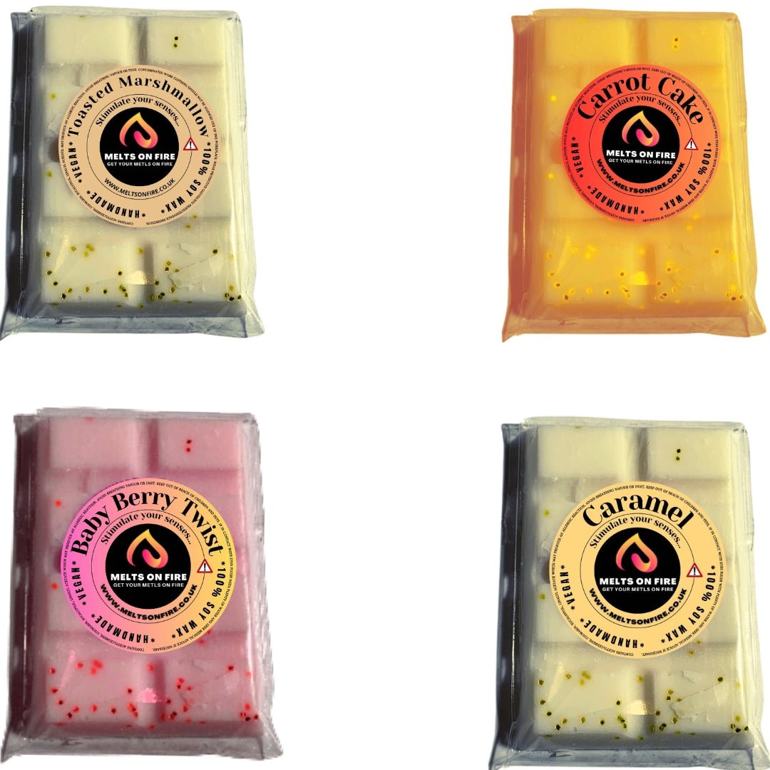 Wax Melts – 4 X Snap Bars - (Toasted Marshmallow,carrot cake,baby berry twist,caramel) – Scented Soy Wax Melts Vegan - Meltsonfire
