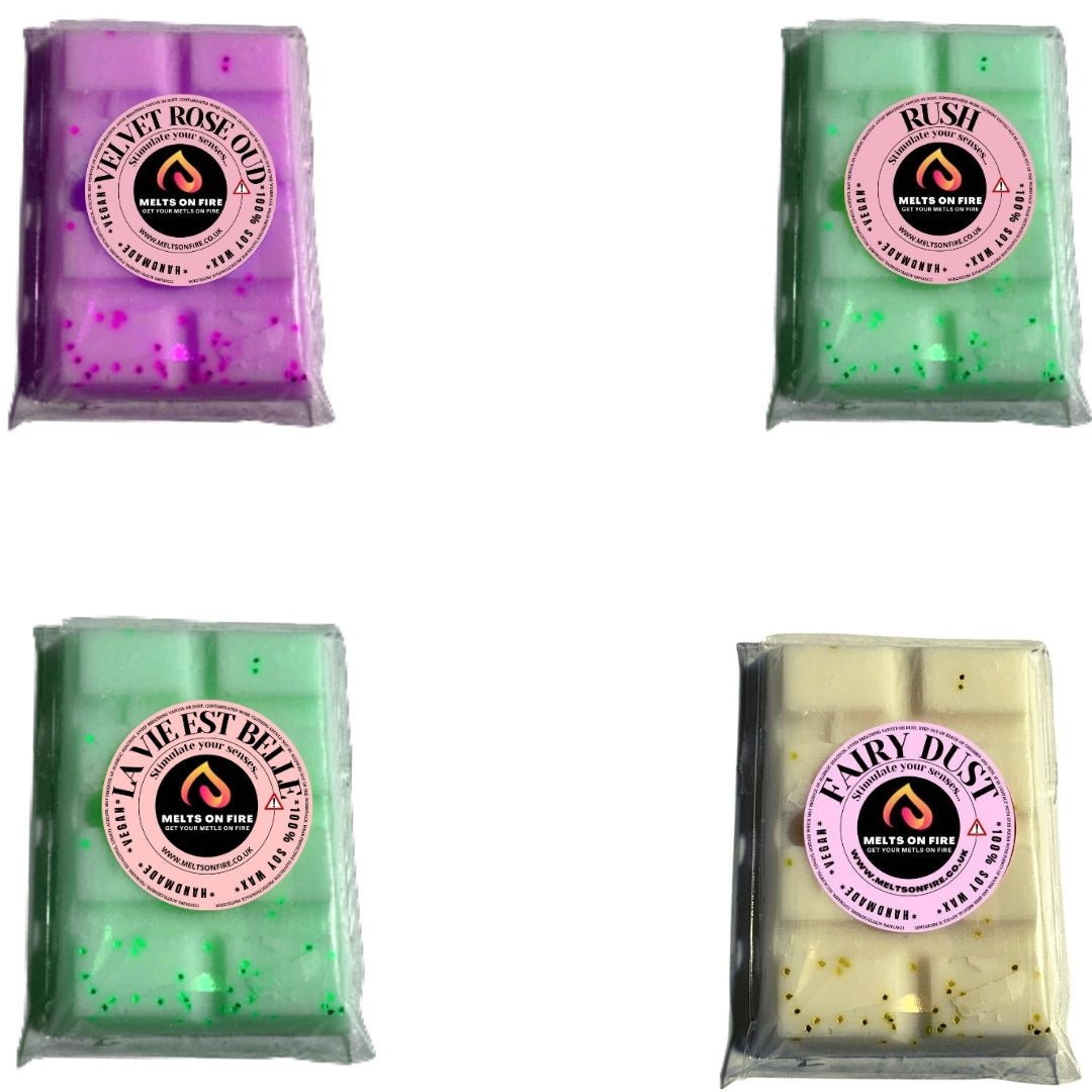 Wax Melts – 4 X Snap Bars - (Velvet Rose & Oud,Gucci Rush,LA VIE EST BE LE,Fairy dust) – Scented Soy Wax Melts Vegan - Meltsonfire