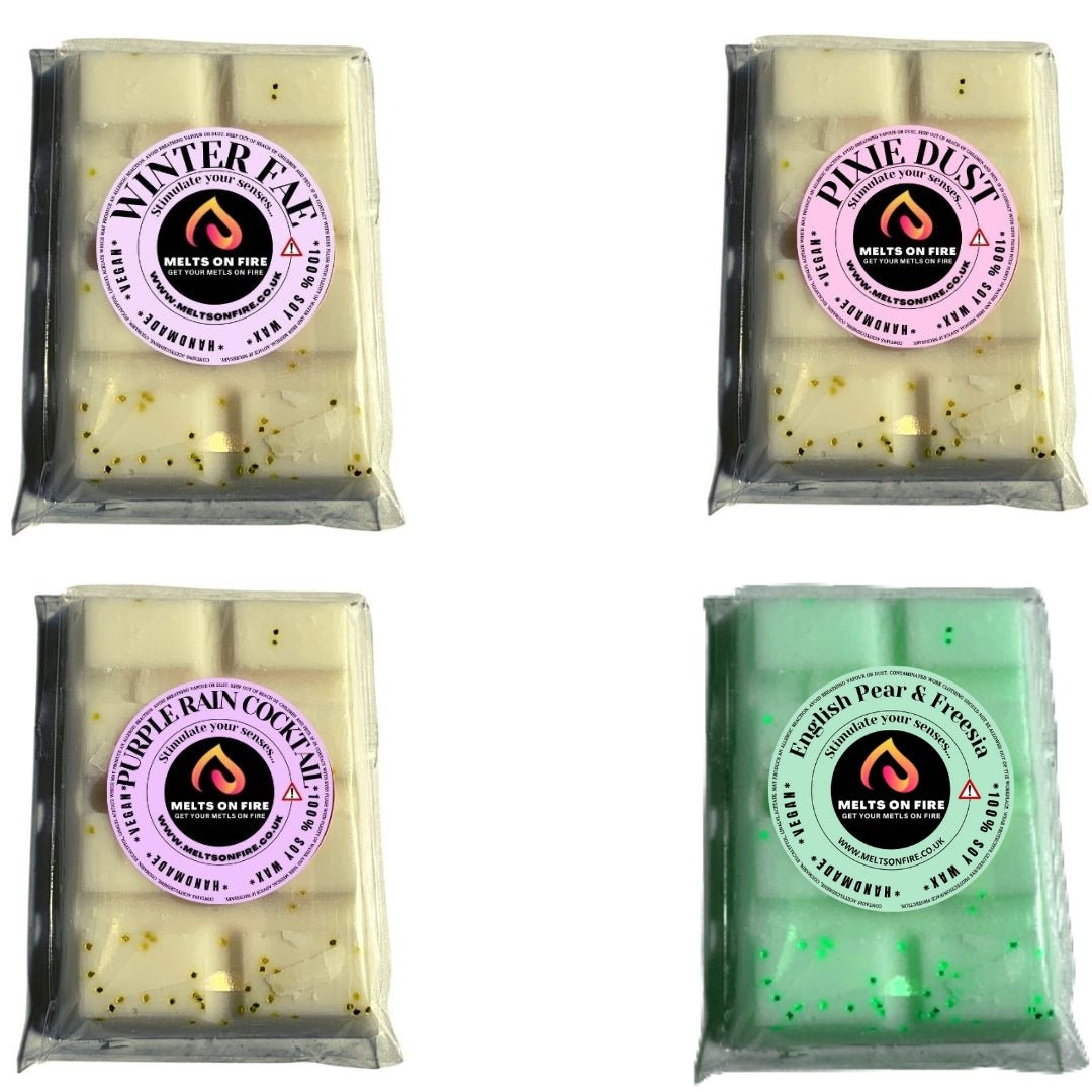 Wax Melts – 4 X Snap Bars - (Winter Fay,Pixie Dust,Purple Rain Cocktail,English Pear & Freesia) – Scented Soy Wax Melts Vegan - Meltsonfire