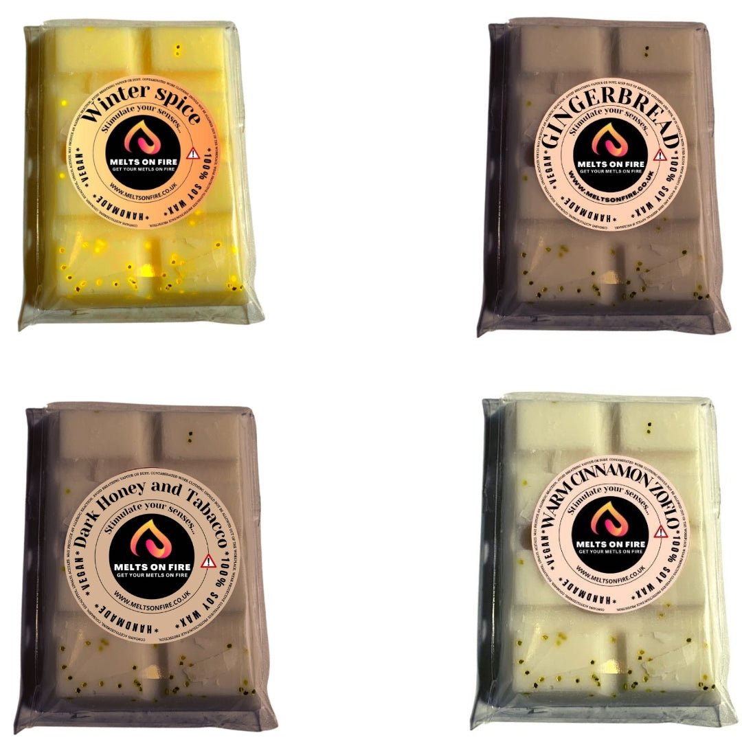 Wax Melts – 4 X Snap Bars - (Winter Spice,ginger bread,dark honey and tabacco,Warm Cinnamon Zof) – Scented Soy Wax Melts Vegan - Meltsonfire
