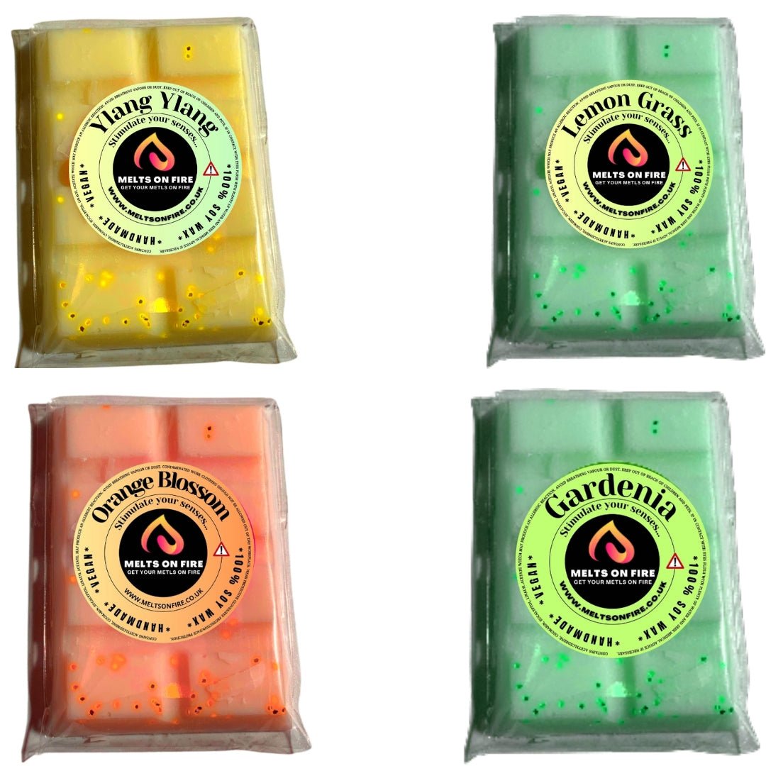Wax Melts – 4 X Snap Bars - (ylang ylang,lemon grass,Orange Blossom,gardenia) – Scented Soy Wax Melts Vegan - Meltsonfire