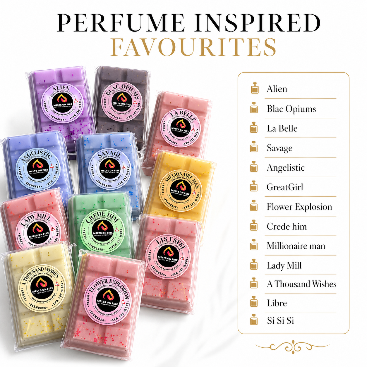 50 Scent Wax Melt Snap Bars Collection – 28g Handmade Soy Wax Bars – Perfume, Fruity, Fresh & Sweet Fragrances - Meltsonfire