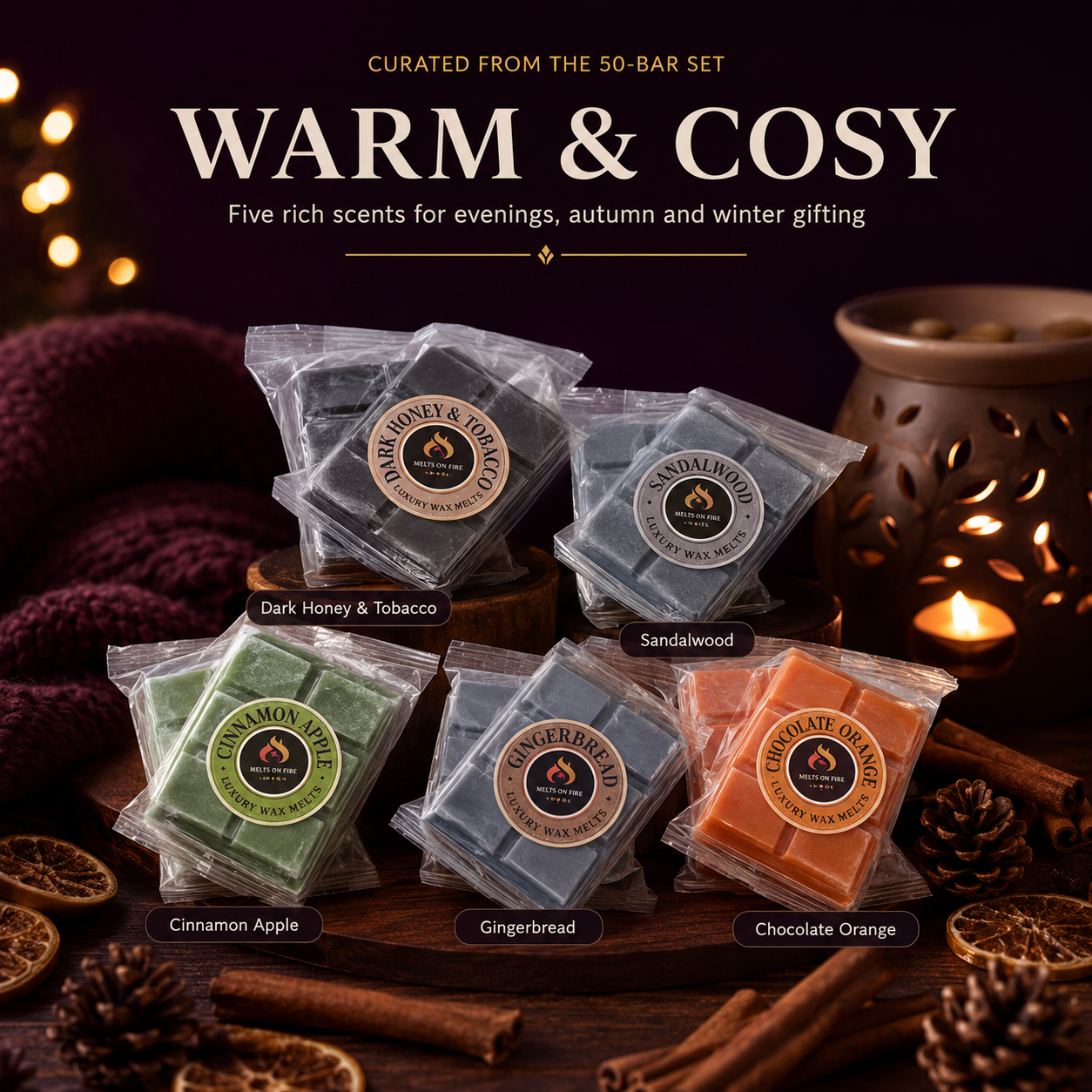 50 Scent Wax Melt Snap Bars Collection – 28g Handmade Soy Wax Bars – Perfume, Fruity, Fresh & Sweet Fragrances