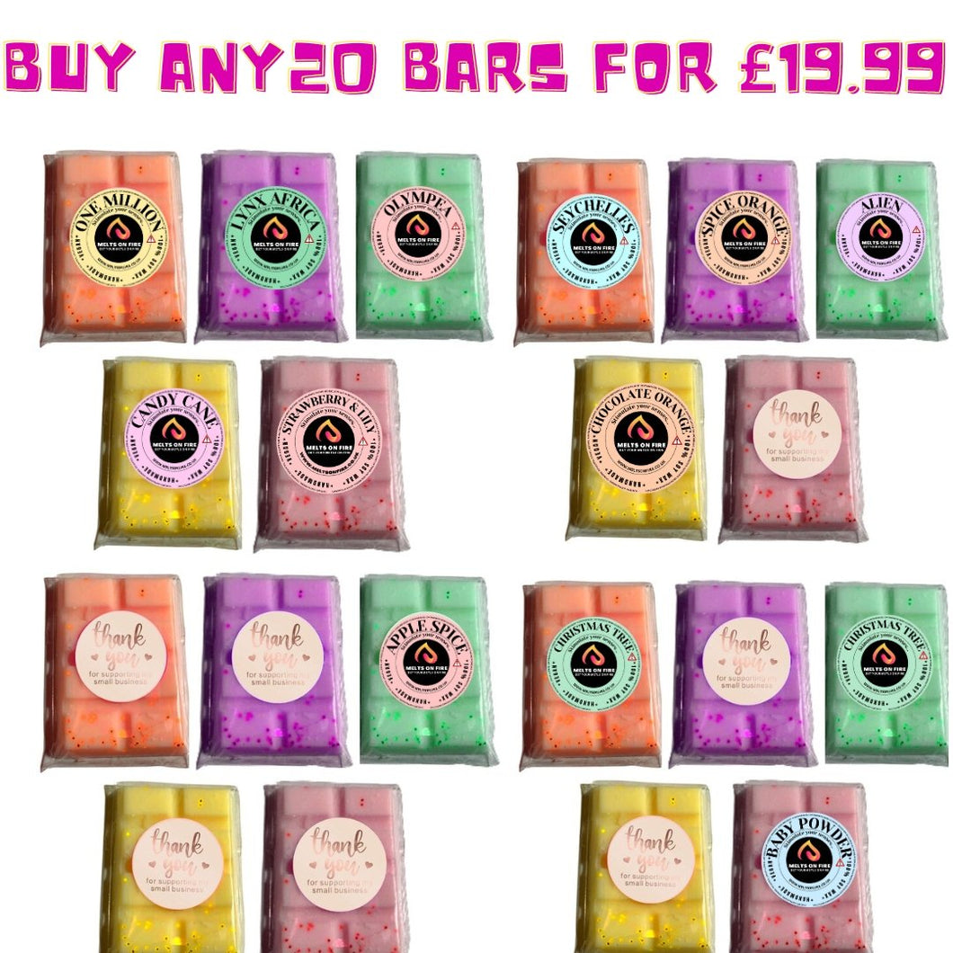 Wax Melts 20 Bars 27g| Build Your Own Box Choose 20 Scents Designer Long Lasting Soy Wax Handmade UK - Meltsonfire