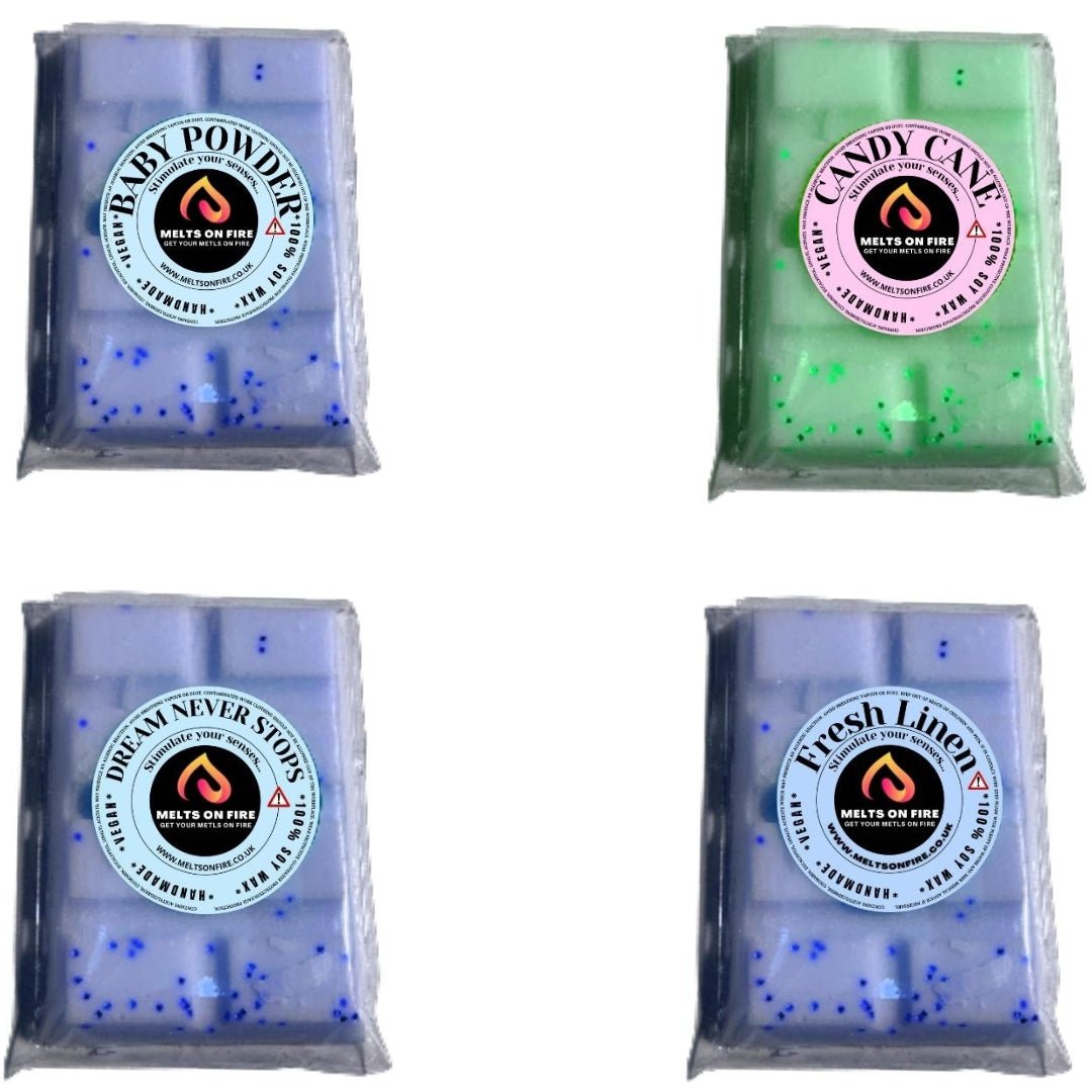 Wax Melts – 4 X Snap Bars - (Baby Powder,Candy Cane,Dream Unstoppable,Fresh Linen) – Scented Soy Wax Melts Vegan - Meltsonfire