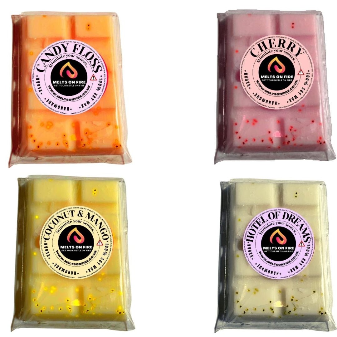Wax Melts – 4 X Snap Bars - (Candy Floss,Cherry,Coconut & Mango,Hotel Of Dreams) – Scented Soy Wax Melts Vegan - Meltsonfire