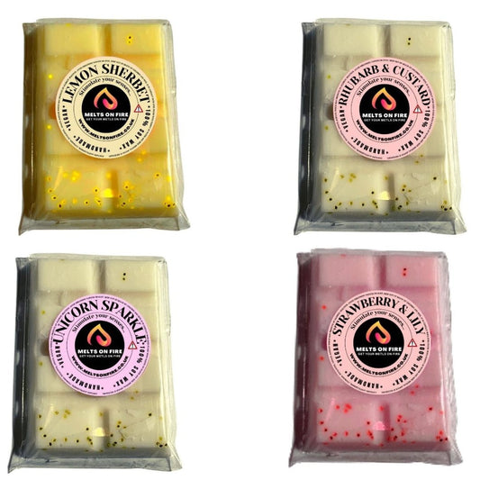 Wax Melts – 4 X Snap Bars - (Lemon Sherbet,Rhubarb & Custard,Strawberries & Lilly,Unicorn sparkle) – Scented Soy Wax Melts Vegan - Meltsonfire