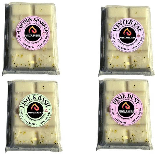 Wax Melts – 4 X Snap Bars - (Unicorn Sparkle,winter Fay,Pixie Dust,Lime & Basil Inspired) – Scented Soy Wax Melts Vegan - Meltsonfire